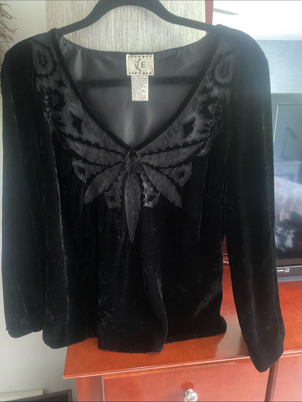 Ice Black Velvet Long-Sleeve Top with Embroidered V-Neck